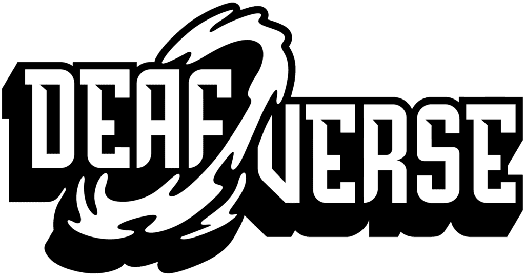 This is an image of the new DeafVerse Logo in black and white. The logo has a circle-like pattern in between Deaf & Verse giving it a distinct look.