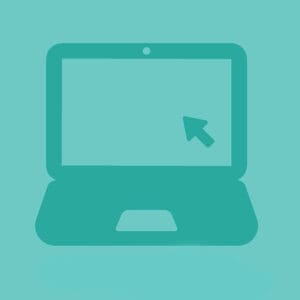 Esta imagen tiene un fondo verde con una ilustración de una pantalla de portátil abierta con un cursor en la pantalla.