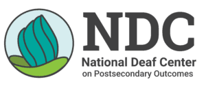 This image is a fullscreen banner with the text "NDC National Deaf Center on Postsecondary Outcomes" in black and the logo on the left of the name.