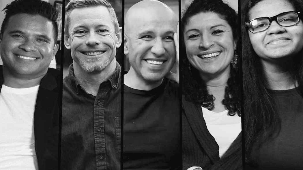 The image is a black and white composite photograph featuring five individuals aligned vertically in equal portions. Each person is smiling, displaying a positive expression.