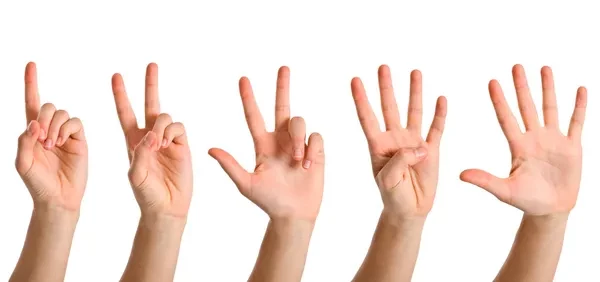 Five hands demonstrating ASL numbers one through five on a white background.