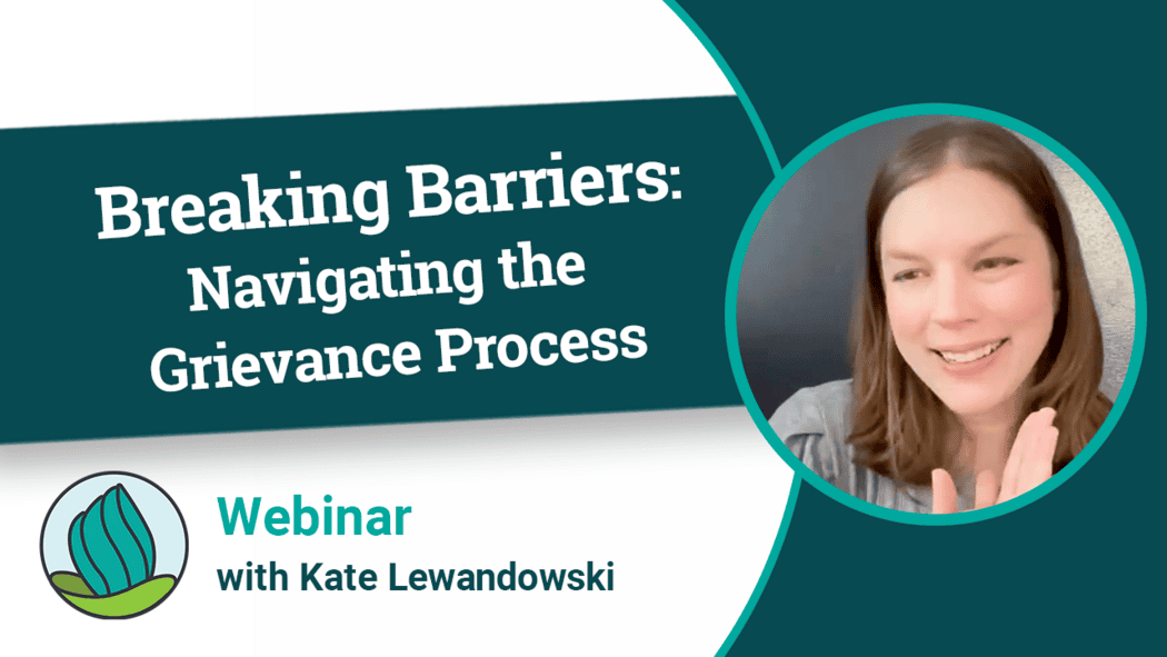  On the left side, there is a teal rectangular section with white text that reads "Breaking Barriers: Navigating the Grievance Process." Below this, in a white section, there is the NDC logo above the word "Webinar" in teal, followed by "with Kate Lewandowski" in black. On the right side of the image, there is a circular photograph of a person smiling, with light brown hair and wearing a gray top, set against a neutral background. The photo has a teal circular border.