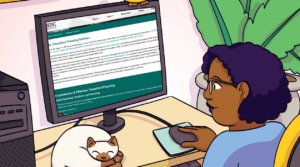 Una ilustración de dibujos animados de una persona con cabello morado sentada en un escritorio y usando una computadora. El monitor muestra una página web de NDC sobre planificación de transición para jóvenes sordos. Un pato de goma se encuentra sobre la pantalla, un gato blanco duerme acurrucado en el escritorio, y una planta verde está detrás de ellos.